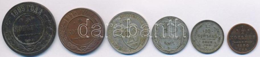 Orosz Birodalom 1888. 10k Ag + 1899. 1/2k Cu + 3k Cu + 1915. 2k Cu + Szovjetunió 1925. 15k Ag + 1931. 20k CuNi T:vegyes Russian Empire 1888. 10 Kopeks Ag + 1899. 1/2 Kopek Cu + 3 Kopeks Cu + 1915. 2 Kopeks Cu + Soviet Union 1925. 15 Kopeks Ag + 1931. 20 Kopeks CuNi C:mixed