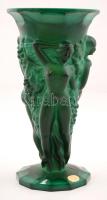 cca 1930 Kurt Schlevogt tervezte malachit üveg váza, figurális díszítéssel, jelzett, hibátlan, m:21 cm