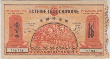 Francia Indokína 1937. 1$ sorsjegy, perforált T:III French Indo-China 1937. 1 Dollar lottery ticket, perforated C:F