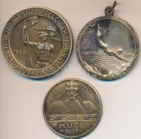 1923. "Pénzintézeti Központ Tisztviselőinek Sportegyesülete / Úszás 1935 II." Br díjérem (40mm) + Göröntsér Greff Lajos (1888-1976) 1939. "M.U.SZ. (Magyar Úszó Szövetség 1907 / 1939. I.b. dél. ker. vizipóló" Br díjérem "LUDVIG BP." gyártói jelzéssel (34mm) + DN Ezüstözött Br úszó díjérem (36mm) T:2