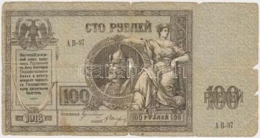 Orosz Polgárháború/Dél-Oroszország/Gyenyikin és Vrangel Hadserege 1918. 100R T:III-,IV Russia/South Russia/Army of Denikin and Wrangel 1918. 100 Rubles C:VG,G Krause S413.