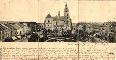 Kassa, tér, Vizy Domokos, Jelinek H., Hensch Ernő és Simalya Mihály üzlete / square, shops, three-tile panoramacard (b)