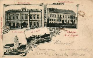 Siklós, Belicsek-féle ház, Főszolgabírói hivatal, Városi fürdő, Római katolikus templom, Feiler Mariska kiadása, floral (EK)