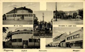 Nagysurány, posta, Gőzfürdő, gimnázium, polgári iskola, Mária szobor, községháza / post office, Steam spa, secondary school, school, statue, town hall (EK)