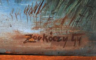 Zorkóczy jelzéssel: Pihenő gólyák. Olaj, karton, sérült keretben, 25×34 cm