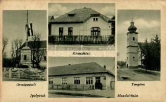Ipolyvisk, országzászló, községháza, templom, Muzslai üzlete és kiadása / flag, town hall, church, shop (EK)