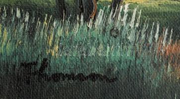 Thomson jelzéssel: Tájkép patakkal. Olaj, fa lemez, dekoratív keretben, 25×30 cm