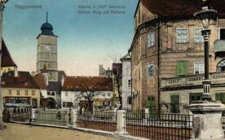Nagyszeben, Kispiac, Rat torony, Adolf Gröbbel üzlete, Carl F. Jickely üzlete / market, tower, shops (Rb)