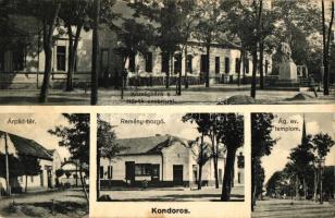 Kondoros, Remény mozgószínház, Hősök szobra, községháza, Árpád tér, Evangélikus templom, Nagy János kereskedése; Nagy János kiadása  (EK)