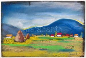 Olvashatatlan jelzéssel: Magányos szénakazal. Pasztell, papír, szakadással, 23×34 cm