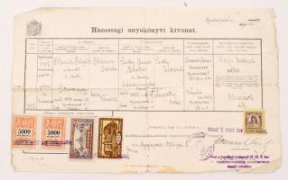 1926 Házassági anyakönyvi kivonat 5 db okmánybélyeggel, 4 különböző értékben