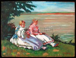 Nyilasy jelzéssel: Barátnők a tó partnál. Olaj, farost, 30×40 cm