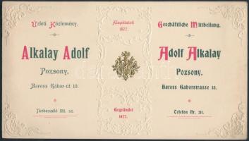 1899 Alkalay Adolf (Pozsony) nyomdász díszes értesítője üzlete áthelyezéséről, 20x11cm