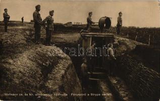Hofmann cs. és kir. altábornagy hadtestje, fényszóró a Strypa mellett; Hadifénykép Kiállítás / WWI K.u.K. military postcard, reflector