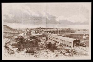 1857 Trieszti Vaspálya-udvar. Rotációs fametszet a 'Vasárnapi Újság' 1857. évi számaiból, jelzés nélkül, 22x35cm