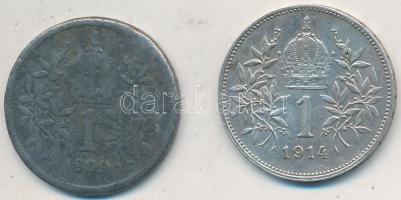 Ausztria 1899. 1K "Ferenc József" fém hamisítványa + 1914. 1K Ag "Ferenc József" T:3,2 Austria 1899. 1 Corona "Franz Joseph" metal fake + 1914. 1 Corona Ag "Franz Joseph" C:F,XF