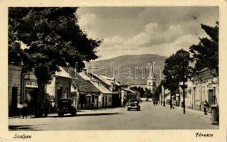 Szolyva, Fő utca, bolt / Main street, shop, church, automobile (EK)