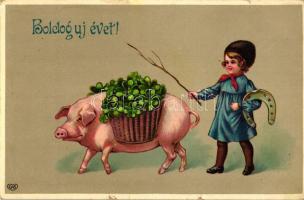 New Year, Pig, child, clover, E.A.S. litho (small tear)