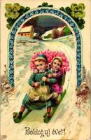New Year, sledding girls, clovers, floral litho  (fl)