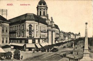 Arad, Andrássy tér, Központi Divatáruház, autóbusz, Szentháromság szobor / square, shop, autobus, statue (vágott / cut)