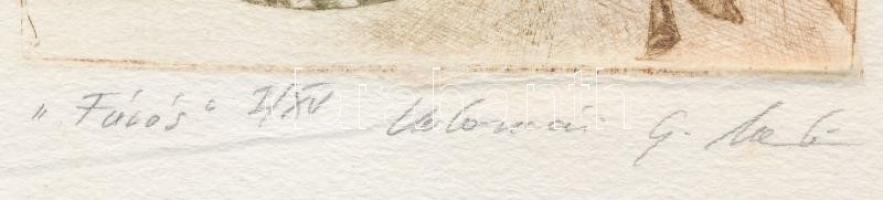 Kolozsvári G. Miklós (1950-): Fúvós. Színezett rézkarc I/XV, papír, jelzett, 13×9 cm