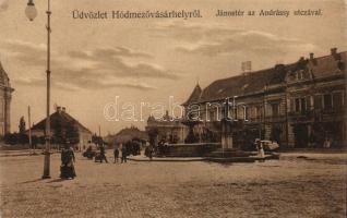 Hódmezővásárhely, János tér, Andrássy utca, szökőkút, Gonda üzlete, Grossmann Benedek utóda kiadása