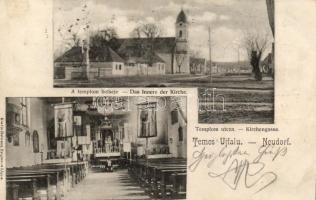Temesújfalu, Templom utca, templom belső, kiadja Helmann Zsigmond / church interior, street