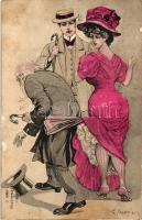 Old man, young couple, humorous card, artist signed (fa)