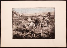 Orosz Gellért (1914-2002): Kapálók. Rézkarc, papír, jelzés nélkül (eredetiségigazolással), 28×39 cm