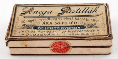 Senega pastillák, cukorka köhögés, rekedtség és elnyákosodás ellen, régi gyógyszeres doboz, Hintz György, Kolozsvár, benne 1 szem cukorkával