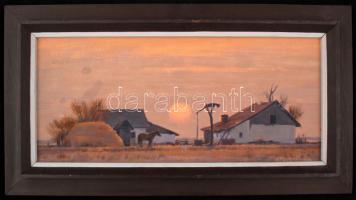 Erdős Péter(1938-): Naplemente a pusztán. Olajtempera, farost, fa keretben, 19x42 cm