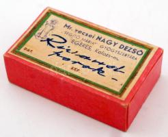 Kisméretű régi gyógyszeres doboz, Mr. vecsei Nagy Dezső "Segítő Mária" gyógyszertára, Kolozsvár