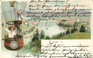 Linz, from the Franz Josef observation point; Leonhardi&#039;s Tinten advertisement, hot-air balloon; Aug Leonhardi litho