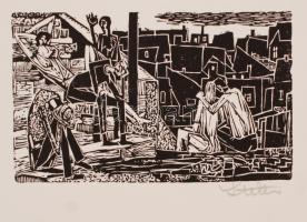 Stettner Béla (1928-1984): Tetők fölött.  Linó, papír, jelzett, 7×12 cm