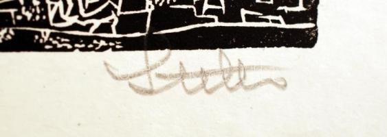 Stettner Béla (1928-1984): Tetők fölött.  Linó, papír, jelzett, 7×12 cm