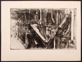 Varga Nándor Lajos (1895-1978): Gépsor. Rézkarc, papír, jelzett, 19×30 cm