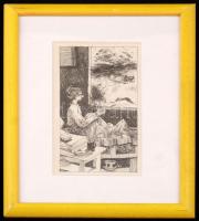 Kondor Béla (1931-1972): Illusztráció I.(Jean Paul: Gyámoltalan hősök.). Rézkarc, papír, jelzés nélkül, üvegezett keretben, 16×8 cm