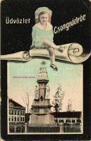 Csongrád, üdvözlet, Szentháromság szobor, kislány (Rb)