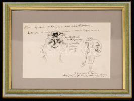 Szász Endre (1926-2003): Vázlat rajz. Tus, papír, jelzés nélkül, autográf kézírással, üvegezett keretben, 11×17 cm