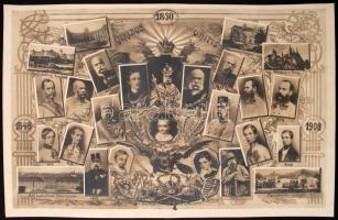 cca 1908 Viribus Unitis, I. Ferenc József császár életét bemutató nagyméretű fotómontázs, középen hajtott, 49x31 cm / cca 1908 Viribus Unitis, The life of emperor Franz Josef I., photomontages, 49x31 cm
