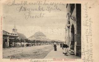 Szentes, Kossuth Lajos utca, Depszer Károly üzlete, templom, Untermüller Ernő kiadása (EK)