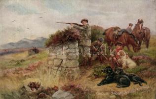 Vadászok - 2 db művészlap (egyik egy sérült Schönpflug lap) / 2 art postcards of hunters (one of the...