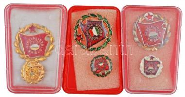 ~1970. "Szocialista Brigád" arany, ezüst és bronz fokozatú zománcozott fém jelvények tokban miniatűrrel T:2