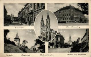 Miskolc, Szemere utca, Máv. üzletvezetőség, Avas, Mindszenti templom, Deák tér, Református templom (fa)