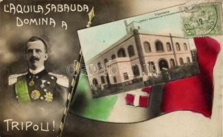 Tripoli, Stabilimento per la lavorazione dello sparto / Esparto paper factory, Italian flag, Victor Emmanuel III of Italy