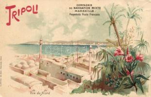 Tripoli, vue du Nord; Compagnie de navigation Mixte Marseille, flowers, litho (EB)
