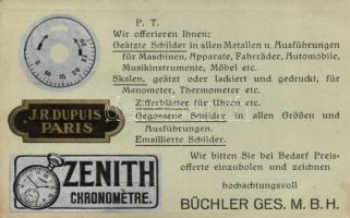 Zenith Chronometre; J. R. Dupuis, Paris / Chronometer watch advertisement; Büchler Ges.M.B.H., Fabrik Geätzter und Gegossener Schilder (EK)