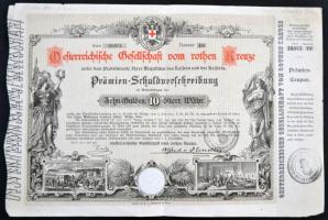 Ausztria 1882. "Osztrák Vöröskereszt" kötvénye 10G-ről T:III Austria 1882. "Austrian Red Cross" debenture bond about 10 Gulden C:F