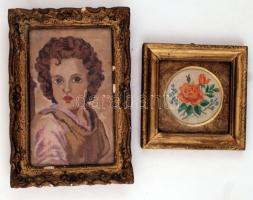 Két gobelin kép aranyozott, üvegezett keretben, 15x15 és 29x17 cm