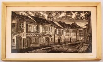 Bordás Ferenc (1911-1982): Utca a várban. Linó (90/100), papír, jelzett, üvegezett keretben, 34×50 cm